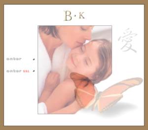 Screenshot of the entrance page for Butterfly Kisses. It shows a dreamy pic of a woman kissing a girl on the temple. Overlaid is a transparent butterfly.